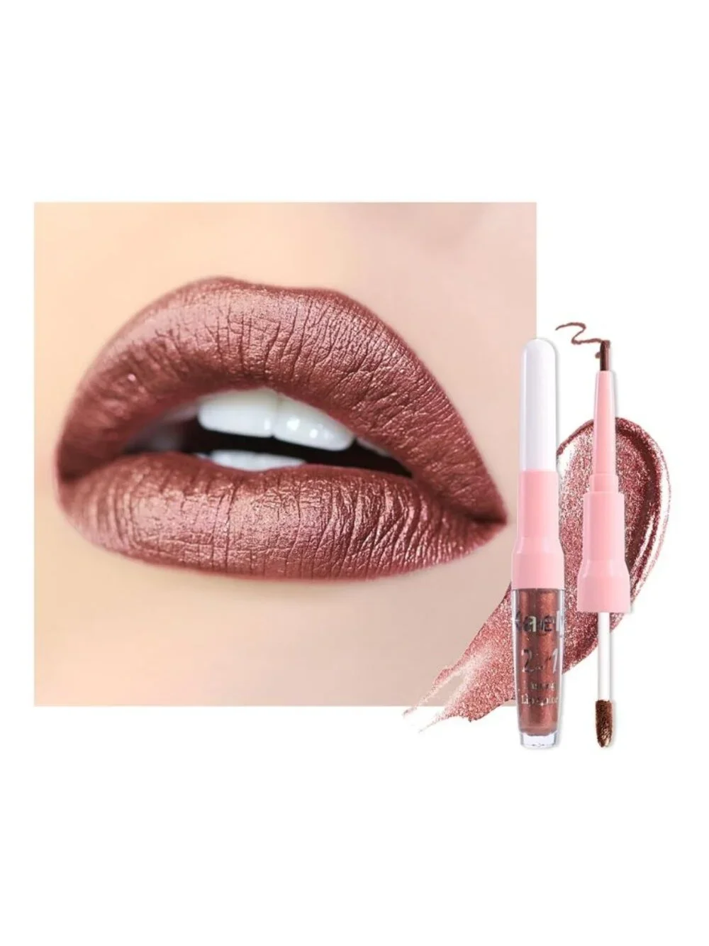 Women's 08# Brown-Metallic 2-in-1 Metallic Long Lasting Lipstick And Lip Liner